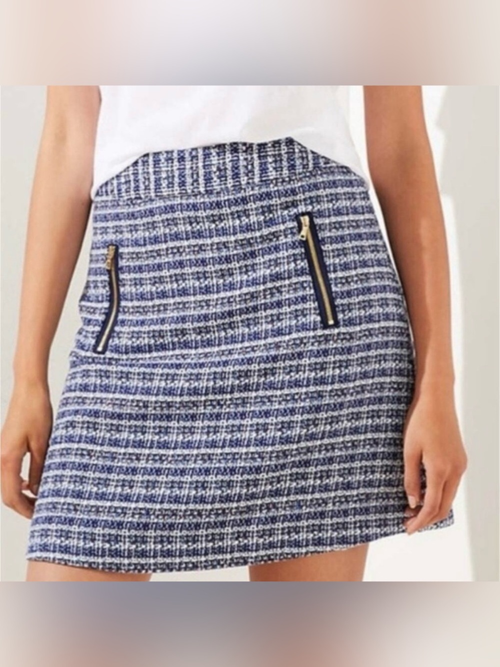 LOFT Womens Tweed Mini Skirt - Gold Zipper Accents Blue White Tweed